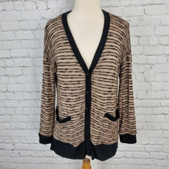SPLENDID 𝅺Tan Black Marled Striped Cardigan Sweater M NWT NEW - Picture 1 of 6